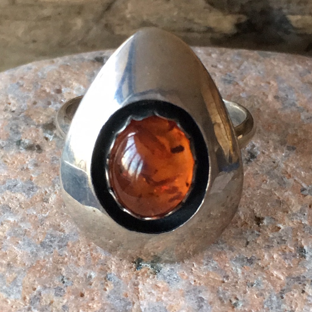 Navajo Amber Native American Vintage Shadowbox Teddy Goodluck Ring - Picture 4 of 10